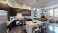 Located at 625 Monroe Street in Washington DC, this single-floor residence offers a thoughtfully designed layout that balances modern aesthetics with everyday functionality. The kitchen is a standout feature, showcasing rich dark wood cabinetry, granite countertops, stainless steel appliances, and a central island with bar seating. Pendant lighting and track lighting illuminate the space, creating a warm and inviting atmosphere that flows seamlessly into the dining area. The living area is bright and comfortable, with large windows that invite abundant natural light and views of surrounding greenery. The bedroom continues this theme of natural light, featuring a tray ceiling, plush carpeting, and a generous bank of windows framing tree-lined outdoor views, lending the room a calm and restful ambiance. The bathroom is clean and contemporary, with a floating vanity topped with granite, a large wall mirror with overhead lighting, and a walk-in shower equipped with grab bars — reflecting both style and accessibility. Throughout the residence, polished concrete flooring in the main living spaces adds an urban, loft-like character, while crisp white walls provide a neutral canvas that enhances the sense of openness and continuity across each room.