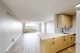 Located at 770 James St in Syracuse, NY, this 2-bedroom, 1-bathroom unit offers a thoughtfully updated interior with a clean, contemporary aesthetic throughout. The open-concept living and dining area is expansive and bright, benefiting from large windows that frame sweeping city views and flood the space with natural light. Light-toned luxury vinyl plank flooring runs throughout, complementing the neutral gray walls and white trim.

The galley-style kitchen is well-appointed with warm natural wood cabinetry, quartz countertops, a subway tile backsplash, a matte black faucet, and a full suite of stainless steel appliances, including a gas range, microwave, and refrigerator. A peninsula counter connects the kitchen to the living area, enhancing the open flow.

The spacious primary bedroom receives abundant natural light through a large window with city views. Both bedrooms feature light flooring and access to closet space, with three closets total — including a walk-in closet with built-in shelving. The bathroom is finished with elegant large-format marble-look tile in contrasting white and charcoal tones surrounding a soaking tub. Additional highlights include a patio and ample storage throughout.