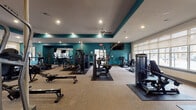 Located at 6115 Apple Rd in Springdale, Arkansas, this single-floor fitness center is a comprehensively outfitted facility designed to support a full range of workout routines. The space makes a strong visual impression with bold teal accent walls contrasting against neutral gray ceilings and carpeted flooring, creating an energetic yet functional atmosphere throughout.

The facility is generously sized, accommodating an extensive selection of equipment across distinct exercise zones. The cardio area features a row of True treadmills and HIT Rower rowing machines positioned along large windows that overlook an outdoor pool area, allowing natural light to fill the space and providing an engaging view during workouts. Wall-mounted flat-screen televisions are positioned throughout for added entertainment.

The strength-training zone includes multiple cable and resistance machines, StairMaster units, and a variety of benches and functional training stations. Rubber floor mats are placed under equipment to ensure safety and durability. A full-length mirror along one wall expands the sense of space and allows users to monitor their form.

Additional amenities include built-in water fountains, decorative artwork, recessed and ceiling fan lighting, and a dedicated storage area for exercise balls and accessories. The layout is open and well-organized, offering ample room to move between stations comfortably.