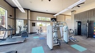 Located at 11775 Wadsworth Blvd in Broomfield, Colorado, this fitness center offers a thoughtfully designed workout facility across a single, generously proportioned floor. The space is divided into distinct functional zones, creating an organized and efficient environment for a wide range of exercise routines.

The main workout area features soaring ceilings accented by decorative dark trim bands, giving the space a polished, modern aesthetic. Large windows and glass doors flood the interior with abundant natural light while offering views of the surrounding outdoor landscape. The flooring transitions between patterned carpet tiles in grey, blue, and teal tones and smooth hardwood, delineating different activity zones.

The strength training area is well-stocked with a variety of cable and resistance machines, a functional trainer, medicine ball racks, and benches. A dedicated cardio zone houses treadmills, a StairMaster, ellipticals, and rowing machines. A separate studio-style section with hardwood flooring accommodates spinning bikes, rowing equipment, and stability balls, complemented by a large wall-mounted TV and a slatted accent wall for visual depth.

Ceiling fans, mirrored walls, and strategic lighting enhance both comfort and functionality throughout. The glass-paneled entry doors provide easy access while maintaining an open, airy feel. Overall, this fitness center delivers a comprehensive and inviting environment for health and wellness.