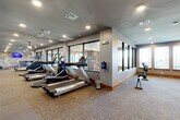 Located at 5403 W 96th Ave in Westminster, Colorado, this well-appointed fitness center offers a comprehensive workout environment across a single, expansive floor. The facility is thoughtfully divided into distinct functional zones, each designed to support a variety of exercise routines. The cardio area is lined with treadmills and elliptical machines positioned along a windowed wall, allowing natural light to fill the space and providing exterior views during workouts. Large mirrors along the walls enhance the sense of openness throughout. The strength training section features a striking stacked-stone accent wall that adds a warm, rustic character to the space. Mounted flat-screen TVs keep members engaged, while ceiling fans ensure comfortable air circulation. A dedicated free weights area includes a full dumbbell rack and weight benches, complemented by cable and resistance machines suited for a range of strength exercises. An open carpeted area provides ample room for stretching, mat work, or functional training, with a punching bag and additional accessories available. Recessed lighting and ceiling fans throughout contribute to a well-lit, comfortable atmosphere. The facility is accessed through double glass doors and is finished with durable carpet flooring and warm wood baseboards, creating a polished and inviting environment for fitness enthusiasts.