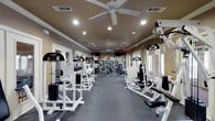 This fitness center is a thoughtfully designed, single-floor facility built to support a comprehensive workout experience. The main exercise floor is expansive, with a long, open layout that accommodates an extensive lineup of strength-training machines — including cable machines, weight benches, and multi-use resistance equipment — all finished in a clean white frame aesthetic. Rows of cardio equipment, including stationary bikes and ellipticals, line one side of the room, positioned near a series of white-framed windows and glass-paneled doors that invite natural light throughout the space. The warm taupe-toned walls and dark rubberized flooring create a focused yet inviting atmosphere, while ceiling fans and recessed lighting ensure comfort during any workout. Mirrors are strategically placed to enhance the sense of openness and allow users to monitor their form. An entry vestibule with polished speckled flooring provides a transition area equipped with a shelving unit stocked with towels and essentials, offering a practical welcome before stepping into the main floor. Mounted televisions add convenience for extended cardio sessions. The overall design balances functionality with a clean, well-maintained aesthetic suited for serious fitness use.