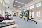 Located at 345 Burbank Ave in Ponte Vedra Beach, Florida, this Velara fitness center delivers a comprehensive, well-appointed exercise facility designed to support a wide range of training needs. The single-floor space is generously sized, offering an open and airy layout that accommodates multiple workout zones without feeling crowded.

Architecturally, the facility stands out with soaring double-height ceilings accentuated by rows of linear ambient lighting and recessed fixtures. Large multi-pane windows line the walls on two levels, flooding the interior with natural light and offering views of the surrounding Ponte Vedra community. Oversized ceiling fans promote airflow throughout the space, while neutral-toned carpet flooring adds comfort underfoot.

The strength training zone is equipped with a multi-station power rack system loaded with color-coded weight plates, adjustable benches, a TRX suspension training rig, cable machines, and a variety of free weights and accessories. The cardio section features a lineup of treadmills, ellipticals, stair climbers, and rowing machines positioned to maximize natural light and outdoor views. Wall-mounted televisions are strategically placed throughout the space. A dedicated stretching and functional training area, along with mirrored walls, rounds out this full-featured fitness environment tailored for residents seeking a premium workout experience.