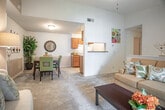 Located at 1741 Lacrosse Dr in Virginia Beach, VA, this single-floor residence offers a well-organized layout with multiple living areas connected through a series of defined spaces. The 3D floor plan reveals a thoughtfully arranged floor plan with distinct bedroom wings, a central living area, and interior staircase access to additional areas.

The living room serves as a central gathering space, highlighted by a corner fireplace with a white mantel and a sliding glass door that opens to an outdoor patio, allowing natural light to fill the room. The carpeted floor and vaulted ceiling contribute to an open, comfortable atmosphere.

The galley-style kitchen features warm honey-toned cabinetry lining both walls, granite-look countertops, a double sink, and white appliances including a range, refrigerator, and dishwasher. Tile flooring and ample upper and lower cabinet storage make this a highly functional cooking space.

The primary bedroom is carpeted and generously sized, with a direct view into an en-suite bathroom featuring a single vanity with dark granite-style countertops, warm wood cabinetry, and a tub/shower combination. A second full bathroom mirrors this design. Additional bedrooms are carpeted and receive natural light through windows, offering comfortable and versatile living spaces.