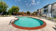 This outdoor recreational area in Escondido, California, is centered around a generously sized freeform swimming pool with striking brick-edged coping and clear, blue-green water. The pool's organic, curved shape gives the space a resort-like aesthetic, complemented by a separate spa situated nearby for relaxation. The expansive concrete sun deck surrounding the pool provides ample room for lounging, outfitted with numerous chaise lounge chairs positioned to capture the abundant Southern California sunshine. Multiple shaded dining areas with tables, chairs, and vibrant orange market umbrellas offer comfortable spots for outdoor gatherings or casual meals. A low-profile clubroom building with large sliding glass doors borders the deck on one side, providing convenient access to interior amenities directly from the pool area. The space is enclosed by a secure metal fence with a clearly marked exit gate, ensuring safety while maintaining an open, airy feel. Lush mature trees, including tall palm trees, frame the perimeter of the area, providing natural shade and greenery that enhances the overall atmosphere. The multi-story residential building visible in the background features balconies that overlook the pool courtyard, contributing to the communal character of the space. Under the bright blue skies of Escondido, this pool area serves as a well-appointed outdoor retreat designed for leisure and community enjoyment.