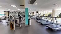 Located at 209 S Westmoreland Ave in Los Angeles, CA, this single-floor fitness center offers a well-equipped and thoughtfully designed workout facility. The space is characterized by its open layout, durable rubber flooring, and bright, airy atmosphere created by large windows that line the perimeter, allowing natural light to flood the interior and offering views of the surrounding palm trees and outdoor pool area.

The cardio section is prominently featured along the windowed wall, housing a row of treadmills, elliptical machines, and stationary bikes — including both upright and recumbent options — providing ample choices for cardiovascular training. Mounted TVs are positioned throughout for entertainment during workouts.

The strength training area is equally well-appointed, featuring multiple cable and pulley machines, a functional trainer, weight benches, and a dedicated free weights section. Full-length mirrors span one wall, enhancing the sense of space and allowing members to monitor their form during exercise.

Structural teal-colored columns add a distinctive architectural accent throughout the facility. Overhead, recessed lighting and large panel skylights ensure consistent illumination across the entire floor. A vending machine is conveniently available on-site. The overall ambiance is clean, modern, and functional, making this fitness center a comprehensive resource for a wide range of training needs.