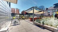 Located atop a building at 1090 Rue De Bleury in downtown Montréal, this rooftop pool terrace offers a well-appointed outdoor retreat with striking views of the city skyline. The centerpiece of the space is a generously sized rectangular swimming pool with clear, blue water, flanked by rows of sleek sun loungers and accented by bold red umbrellas for shade. The pool deck is finished in smooth, light-toned pavers that extend across the entire terrace, creating a clean and cohesive aesthetic throughout.

A vibrant mural featuring a colorful wolf adds an artistic focal point to one side of the terrace, reflecting the creative character of the surrounding neighborhood. Landscaped raised planters border sections of the rooftop, filled with a mix of tropical plants, flowering shrubs, evergreen topiaries, and ornamental grasses that soften the urban environment and add lush greenery to the space.

Multiple seating zones are distributed across the terrace, including shaded pergola areas with sail canopies, casual outdoor dining tables with chairs, and lounge seating nooks set against brick walls and modern metal cladding. Glass railings along the perimeter ensure unobstructed panoramic views of Montréal's downtown towers, historic church spires, and tree-lined streets, all under open skies. The overall ambiance is modern, vibrant, and ideally suited for relaxation in the heart of the city.