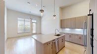 Located at 1345 14th St in Plano, TX, this thoughtfully designed one-bedroom, one-bathroom residence offers a refined living experience through clean lines, high ceilings, and quality finishes. The open-concept living area features light hardwood flooring and a ceiling fan, with a glass-paneled door and large windows that flood the space with natural light and provide views of the surrounding greenery.

The kitchen is a standout feature, showcasing floor-to-ceiling two-tone cabinetry in warm wood and soft gray tones, a white subway tile backsplash, and sleek quartz countertops. A generously sized central island with an undermount sink and pendant lighting serves as both a functional workspace and a social hub. Stainless steel appliances complete this well-appointed culinary space.

The bedroom is a serene retreat with plush carpeting, soaring ceilings, and large windows that invite abundant natural light and outdoor views. A dedicated walk-in closet offers adjustable shelving and ample hanging space for organized storage.

The bathroom impresses with large-format marble-look tile flooring, a dual-sink vanity with bold blue cabinetry and black hardware, a deep soaking tub, and an elegantly tiled shower enclosure. Together, these elements create a spa-like atmosphere that elevates everyday living.