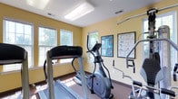 The fitness center at Jackson Green is a compact, single-level facility designed to support a well-rounded workout routine. The room is finished with warm yellow walls and durable carpet flooring, creating a functional yet inviting atmosphere. Flush-mounted overhead lighting supplements the abundant natural light that streams in through multiple white-framed windows, offering views of surrounding greenery and keeping the space feeling open and airy.

The cardio section is anchored by two Landice treadmills and an elliptical trainer, positioned to take advantage of the natural light and outdoor views. A multi-function cable and strength training machine is situated in one corner, accompanied by free weights, providing options for resistance-based exercise. Instructional fitness posters are mounted on the walls, offering workout guidance and exercise references.

Large wall-mounted mirrors visually expand the space and allow users to monitor their form during workouts. A wall-mounted flat-screen television is positioned for easy viewing from the cardio equipment. A hand sanitizer dispenser near the entrance and a coat hook rail reflect practical, user-focused amenities. A glass-paneled door provides direct outdoor access, enhancing ventilation and convenience for residents using the facility.