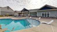 Located at 4832 Ruby Red Dr in Chattanooga, Tennessee, this outdoor pool area is a well-appointed community amenity space designed for relaxation and recreation. The centerpiece is a generously sized freeform swimming pool with a smooth curved shape, accessible via stainless steel entry rails and set within a wide concrete pool deck that provides ample room for lounging and socializing.

Surrounding the pool is an extensive collection of cushioned chaise lounge chairs, arranged both along the poolside and along the perimeter fence, offering numerous spots to relax and take in the open sky. Two private blue canopy cabanas add a touch of resort-style comfort, providing shaded retreats directly on the deck. Additional seating areas with outdoor furniture are positioned near the clubhouse for more casual gatherings.

The adjacent clubhouse building is built in a craftsman-inspired style, featuring board-and-batten siding in navy blue and gray, stone accents, exposed dark wood beam detailing on the gabled entryway, and large multi-pane windows. The structure opens directly onto the pool deck through glass doors, creating a seamless indoor-outdoor connection.

The area is fully enclosed by black iron fencing, ensuring security and privacy, while mature trees along the perimeter provide a natural backdrop. The overall setting is clean, modern, and thoughtfully designed for community enjoyment.