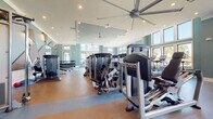 This fitness center offers a comprehensive workout environment thoughtfully designed across a single level. The main exercise floor is expansive, featuring soaring ceilings fitted with large industrial-style ceiling fans that promote air circulation throughout the space. Soft teal walls paired with neutral, durable flooring create a clean, modern aesthetic, while recessed lighting ensures consistent illumination throughout.

The strength training area is well-stocked with a variety of cable and resistance machines arranged to allow comfortable movement between stations. Free weights and adjustable benches are positioned nearby, and a set of geometric wood panel accents on one wall adds a distinctive architectural touch. A separate cardio zone houses rows of treadmills, ellipticals, and stationary bikes, positioned in front of floor-to-ceiling windows that frame views of palm trees and the surrounding outdoor landscape, flooding the area with natural light.

A dedicated studio room features wood-look flooring, a wall-mounted television, spin bikes, stability balls, step platforms, and a BOSU ball, making it suitable for group or individual training sessions. Natural light enters through a side window, keeping the room bright and inviting. Together, these distinct zones provide a well-rounded, functional fitness facility.