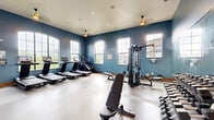 Located at 200 Resource Pkwy in Franklin, Tennessee, this well-appointed fitness center offers a comprehensive exercise environment designed to support a full range of workout routines. The space is characterized by striking deep blue walls, durable speckled flooring, and soaring ceilings that lend an open, airy feel to the room. Large arched windows line the walls, flooding the space with abundant natural light while providing views of the surrounding greenery — an uplifting backdrop for any workout. Pendant and recessed lighting further enhance the bright, energizing atmosphere. The cardio zone features a row of modern treadmills and an elliptical machine, each equipped with individual display screens for entertainment or performance tracking. The strength training area is outfitted with a multi-station cable machine, Hoist-branded weight equipment, a dumbbell rack with a full range of free weights, and adjustable benches. Full-length mirrors span an entire wall, amplifying the sense of space and allowing users to monitor their form during exercise. The layout is open and well-organized, providing ample room to move freely between equipment. This fitness center delivers a professional-grade workout experience in a modern, thoughtfully designed setting.