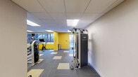 Located at 116 W 9th St in Wilmington, Delaware, this fitness center offers a generously sized, single-floor exercise room designed to accommodate a wide range of workout needs. The space is defined by its bold yellow accent walls, which contrast sharply with neutral white and grey tones throughout, creating an energetic and motivating atmosphere.

The exercise room is outfitted with a comprehensive selection of fitness equipment, including treadmills, stationary bikes, a rowing machine, and multi-station cable machines such as the Technogym Instinct. Free weights, kettlebells, and stability balls are also available, catering to both strength training and functional fitness routines. A dedicated wall-mounted accessory station adds further versatility to the workout options.

Large mirrors line a significant portion of the walls, enhancing the sense of openness and allowing users to monitor their form during exercise. The drop ceiling features recessed fluorescent panel lighting that evenly illuminates the entire floor, while windows along one wall allow natural light to supplement the interior lighting.

The flooring consists of a patterned modular carpet tile in grey and gold tones, reinforcing the space's dynamic color scheme. The layout is open and thoughtfully organized, ensuring ease of movement between equipment stations. This fitness center provides a functional and well-maintained environment suited for a comprehensive workout experience.