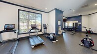 Located at 1100 Pulaski St in Columbia, South Carolina, this fitness center offers a well-appointed exercise room designed to support a full range of workout routines. The space features a clean, modern aesthetic with crisp white walls accented by bold navy blue trim and columns, recessed lighting, and durable rubber flooring throughout.

Large windows along the exterior wall flood the room with natural light and provide views of the surrounding greenery, creating an inviting atmosphere for exercise. A large wall mirror on one end of the room enhances the sense of space and allows users to monitor their form during workouts.

The cardio zone is equipped with a treadmill and an elliptical trainer, positioned directly in front of the windows to take advantage of the natural light and outdoor views. A spin bike adds an additional cardio option. The strength training area features a multi-station Life Fitness cable machine, a full rack of dumbbells spanning a wide weight range, and adjustable weight benches. A dedicated functional training section accommodates a plate-loaded sled and additional accessories.

Convenient amenities include a water fountain and sanitation station near the entrance. The room is well-organized, providing ample floor space to move freely between equipment. The overall design balances functionality with a motivating environment.
