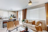 Located in Litchfield Park, Arizona, this single-story 2-bedroom, 3-bathroom home offers a well-designed open-concept layout with a warm, contemporary aesthetic throughout. Light wood-look flooring flows seamlessly across the main living areas, complementing the neutral color palette and creating a cohesive, airy feel.

The living room is bathed in natural light from large windows dressed with elegant drape panels, and features a ceiling fan overhead. It flows effortlessly into the kitchen, which is outfitted with white cabinetry, stainless steel appliances — including a refrigerator, microwave, and range — and a central island with bar seating, ideal for casual dining. A sliding glass door connects the kitchen and living area to the outdoors, enhancing the sense of openness.

The primary bedroom is a comfortable retreat with easy access to a private bathroom featuring a single vanity with quartz-style countertops, white cabinetry, and a large mirror. A walk-in closet with multi-tier shelving and hanging rods provides generous storage. The second bedroom is well-proportioned with a built-in closet and its own natural light source. Hallways connecting the rooms are clean and functional, and the home includes a total of three bathrooms to accommodate residents and guests with ease.