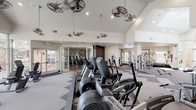 This fitness center is an expansive, thoughtfully designed facility that spans a single floor and offers a comprehensive workout environment. The space is anchored by dramatic vaulted ceilings that soar overhead, contributing to an open, airy atmosphere enhanced by a large arched window at the far end that floods the main area with natural light and outdoor views of surrounding greenery.

The main workout floor features a generous arrangement of cardio equipment, including multiple treadmills, Cybex arc trainers, ellipticals, and a rowing machine. Strength-training options are equally thorough, with a variety of cable and weight machines distributed throughout the space. Stylish industrial-style pendant fans hang from the vaulted ceiling, providing both ventilation and a distinctive design element.

A dedicated functional training zone houses a wall-mounted storage unit stocked with medicine balls, kettlebells, resistance tools, a BOSU ball, and TRX suspension trainers, alongside step platforms and a folding mat. Dark wood built-in cabinetry provides organized storage and a polished aesthetic contrast to the neutral walls and patterned flooring.

Additional areas include a mirrored stretching and free-weight section visible through glass doors, and a bright transition space featuring large windows, a rowing machine, and curated wall art. The overall design balances functionality with an upscale, welcoming ambiance.