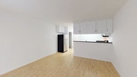 This single-floor unit features a clean, minimalist design throughout. The open living area is finished with light wood-tone flooring and crisp white walls, creating a bright and airy atmosphere. A large sliding glass door fitted with vertical blinds fills the space with natural light and provides a view of the outdoors. A wall-mounted air conditioning unit serves the living area.

The kitchen is thoughtfully designed with white shaker-style cabinetry offering generous upper and lower storage. Dark granite countertops contrast the white cabinetry, and a peninsula with a matching dark countertop separates the kitchen from the living area. Stainless steel appliances include an electric range, an over-the-range microwave, a refrigerator, and a double basin sink. White tile flooring runs through the kitchen area.

The bathroom is well-appointed with a dark granite vanity countertop, an undermount sink with chrome fixtures, a large mirror with a storage cabinet, and a tub and shower combination enclosed by sliding glass doors with chrome hardware. White tile flooring completes the clean, cohesive look of the bathroom.