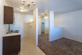 This single-floor unit offers a straightforward, functional layout designed for comfortable everyday living. The living area greets you at the entry, featuring warm carpeted flooring, a wall-mounted air conditioning unit, and a window fitted with horizontal blinds that allows natural light to filter in while providing views of the surrounding greenery outside.

The kitchen is efficiently arranged with dark wood cabinetry above and below the counter, a built-in sink, and tile flooring that extends through the dining and kitchen zone. An elegant chandelier overhead adds a subtle decorative touch to the dining area, setting it apart from the rest of the space.

The bedroom is a comfortable retreat complete with plush carpeting, a ceiling fan with light fixture, and a dedicated walk-in closet offering generous storage. A textured ceiling carries throughout the unit, adding a classic residential character.

The full bathroom is well-appointed with a tub-shower combination featuring white tile surround, a toilet, and a vanity with dark wood cabinetry, an integrated sink, and a large mirror. Overhead storage cabinets provide added practicality. Tile flooring completes the bathroom's clean, utilitarian finish. Overall, the unit presents a practical and livable space with consistent finishes throughout.