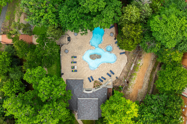 Vista aérea de la piscina estilo centro turístico y área de parrillas - Oaks White Rock