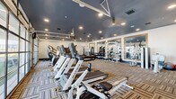 Located at 110 1 Mile Parkway in Nashville, TN, this fitness center offers a spacious, single-floor exercise space designed to support a comprehensive workout experience. The room is generously sized, providing ample floor space for a wide variety of equipment and free movement throughout.

The interior design features a striking dark slate-blue ceiling paired with crisp white walls, creating a modern and energizing atmosphere. Recessed lighting throughout ensures the space is well-lit, while patterned, multi-tone carpet tiles add texture and a contemporary aesthetic underfoot.

A row of Matrix-brand treadmills and elliptical machines lines one side of the room, ideal for cardiovascular training. A rowing machine adds additional cardio variety. On the strength side, the facility includes cable and pulley machines, multi-station weight systems, a full dumbbell rack ranging across multiple weight increments, adjustable benches, and a medicine ball storage rack. Three large framed mirrors are mounted along one wall, enhancing the sense of space and supporting proper form during workouts.

A standout architectural feature is the oversized glass garage-style window wall, which floods the space with natural light and provides views of an outdoor green area. A dedicated entry door with an exterior view further connects the interior to the outdoors, contributing to an open, airy ambiance throughout the facility.