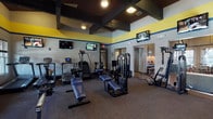 This fitness center offers a spacious, single-floor layout designed to accommodate a comprehensive range of workout routines. The interior is immediately distinguished by its bold color scheme—yellow accent bands and navy blue trim line the upper walls, complemented by a dark coffered ceiling with exposed beam detailing that adds architectural character and visual depth to the space.

The facility is outfitted with a robust selection of equipment, including multiple cable and weight machines, benches, a rack of dumbbells spanning various weights, stability balls, a stationary bike, elliptical, and treadmill-style cardio machines. The flooring consists of durable, commercial-grade carpet tile suited for high-traffic fitness use.

Multiple flat-screen televisions are mounted throughout the space, providing entertainment during workouts. Large mirrors line one wall, enhancing the sense of openness and allowing users to monitor their form. Natural light filters in through several windows fitted with horizontal blinds, offering views of the surrounding exterior.

An adjacent room, visible through glass panel openings, appears to serve as a lounge or common area, adding a social element to the facility. The overall ambiance is energetic yet functional, combining purposeful design with a well-rounded equipment selection to support diverse fitness needs.