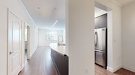 Located in the vibrant Playa Vista neighborhood of Los Angeles, this well-appointed 2-bedroom, 2-bathroom residence offers a thoughtfully designed single-floor layout with modern finishes throughout. The open-concept kitchen and living area serves as the heart of the home, showcasing warm hardwood flooring, high ceilings, and abundant natural light. The kitchen is equipped with stainless steel appliances including a gas range, built-in microwave, and French door refrigerator, complemented by light wood cabinetry, a white quartz peninsula with an undermount sink, and a sleek pendant light fixture. The living area flows naturally from the kitchen, highlighted by large windows that invite generous sunlight. Both bedrooms feature soft wall-to-wall carpeting, and each includes access to a dedicated closet with built-in shelving and hanging rods. The primary bedroom offers a sliding glass door leading to a private balcony with neighborhood views. Both bathrooms are finished with large-format dark tile flooring and tub-shower combinations, paired with light wood vanities, white quartz countertops, and illuminated mirrors. A connecting hallway ties the layout together efficiently, completing this clean and contemporary Playa Vista residence.