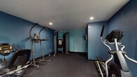 This single-level fitness room offers a comprehensive workout environment designed to accommodate a variety of exercise needs. The space is finished with bold, deep blue walls that create an energetic and focused atmosphere, complemented by durable rubber-speckled flooring that provides cushioning and traction throughout. Recessed ceiling lights illuminate the room evenly, while a wall-mounted mini-split climate control unit ensures comfortable temperatures during workouts.

The cardio section features two treadmills and an elliptical trainer, positioned near windows that allow natural light to enter and provide views of the surrounding exterior. A stationary recumbent bike adds another low-impact cardio option. For strength training, the room includes a multi-functional cable machine with a lat pulldown bar and instructional guide, as well as a freestanding pull-up and dip tower. A textured ceiling adds a finished touch to the overall design. A keyed entry door with sidelights provides direct exterior access, making the space easily accessible. The layout is open and thoughtfully organized, allowing users to move between equipment with ease.
