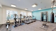 Located at 14300 Sapphire Park Ln in Midlothian, Virginia, this single-floor fitness center offers a well-appointed workout facility designed to accommodate a wide range of exercise routines. The space is divided into distinct functional zones, each equipped to support different training styles.

The main workout area features a row of treadmills, elliptical trainers, and an upright cycle, all positioned along a bank of windows that allow ample natural light to fill the room. A signature teal accent wall adds a vibrant pop of color to the otherwise clean, neutral palette. Overhead, flush-mounted panel lighting ensures consistent illumination throughout.

The strength and functional training zone is anchored by a RAX multi-functional cable and suspension training system, complemented by a full rack of kettlebells and dumbbells, a punching bag, an adjustable workout bench, and a wall-mounted flat-screen television. Mirror panels line the walls, enhancing the sense of space and supporting form monitoring during exercise. A dedicated stretching and agility area with floor markings is also present.

A separate spin studio rounds out the facility, housing multiple Matrix cycling bikes arranged before a large wall mirror and mounted display screen. This room features a bold branded mural in purple and blue tones, a window with outdoor views, and smooth light-toned flooring, creating an energetic yet focused atmosphere for cycling workouts.