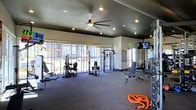 This single-level fitness center offers a comprehensive workout environment designed to support a range of exercise routines. The space features dark-painted ceilings with recessed lighting and a ceiling fan that contribute to an energized yet comfortable atmosphere. Large floor-to-ceiling windows along one wall flood the interior with natural light while providing views of the surrounding exterior, creating an open and motivating environment. The rubber flooring throughout the space is ideal for heavy equipment use and provides cushioning and durability underfoot. The facility is outfitted with multiple cable and weight machines, a dedicated free weights area, and adjustable benches, catering to both strength training and functional fitness. Battle ropes are also available on the floor, adding variety to workout options. Wall-mounted televisions are positioned for easy viewing during exercise sessions. A large mirror along one wall enhances the sense of space and allows users to monitor their form. Overall, the fitness center balances functionality with a well-lit, spacious design that supports an effective and focused workout experience.