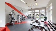 This fitness center offers a comprehensive workout environment designed to accommodate a wide range of exercise routines. The space is housed within a single-floor facility featuring vaulted ceilings that lend an open, airy feel throughout. Gray walls are accented by bold red diagonal striping, giving the interior a dynamic, energetic aesthetic that is complemented by a durable two-tone red and gray rubber flooring.

Large windows line one wall, allowing an abundance of natural light to flood the space while offering views of the surrounding outdoor landscape. This bright, welcoming atmosphere enhances the overall workout experience.

The cardio zone is well-appointed with multiple treadmills, elliptical trainers, and additional cardio machines positioned directly in front of the windows. The strength training area includes a multi-station cable and weight machine, an adjustable workout bench, and a full rack of dumbbells spanning a broad weight range. A wall-mounted flat-screen television is positioned for easy viewing during workouts, and a towel station is conveniently available nearby.

Overhead fluorescent lighting supplements the natural light, ensuring the space is well-lit throughout the day. A French door entry adds a refined architectural touch to the facility. The overall layout is thoughtfully organized to maximize floor space and provide a comfortable, functional environment for both cardio and strength training.