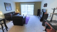 This single-floor residence features a welcoming living room as its centerpiece. The space is finished with wall-to-wall carpeting in a neutral tone, complemented by warm yellow-painted walls that create an inviting atmosphere. A large sliding glass door dominates one wall, allowing abundant natural light to fill the room while providing direct access to an outdoor balcony, where surrounding greenery is visible. Vertical blinds offer flexible light and privacy control. The living room is generously proportioned, comfortably accommodating a dark leather sectional sofa arrangement centered around a rectangular coffee table, accented by a bold purple area rug. An entertainment unit with shelving is positioned opposite the seating area, providing practical media and storage solutions. A standing floor lamp adds supplemental ambient lighting to the space. The overall layout is functional and open, with a straightforward flow that maximizes usable floor space. The combination of natural light, neutral flooring, and outdoor connectivity gives the living area a bright, comfortable character suited to everyday living.