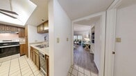 Located at 1099 N McMullen Booth Rd in Clearwater, Florida, this single-floor, two-bedroom, two-bathroom residence offers a well-organized layout with a comfortable and functional design throughout. The entrance opens into a tiled foyer that transitions into the main living areas, where wood-look flooring adds warmth and continuity. The combined living and dining room serves as the heart of the home, featuring a textured ceiling with crown molding, a large sliding glass door that floods the space with natural light, and direct access to a private balcony overlooking outdoor greenery. The kitchen is outfitted with warm wood cabinetry, light countertops, a stainless steel range, a dishwasher, and a sink, complemented by a separate pantry for additional storage. Two hallways connect the bedrooms and bathrooms, lined with louvered closet doors offering generous storage. The primary bedroom is notably spacious and features its own en-suite bathroom with a wide vanity, tile flooring, and a walk-in shower enclosed by gold-framed glass doors. The second bathroom is equally well-appointed. A dedicated utility room and multiple closets throughout the home provide practical storage solutions. The overall ambiance is bright, clean, and move-in ready.