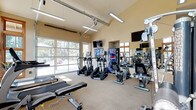 This single-story fitness center is designed to provide a comprehensive workout environment within a bright, open setting. The space is characterized by soaring vaulted ceilings that lend an airy, spacious feel, while large glass garage-style doors and wood-framed windows line the walls, flooding the interior with natural light and offering views of the surrounding wooded landscape.

The cardio area is outfitted with a well-rounded selection of equipment, including TRUE treadmills, elliptical trainers, and stationary recumbent and upright bikes. Multiple wall-mounted flat-screen televisions are positioned throughout the space for entertainment during workouts. A multi-station cable weight machine, a dumbbell rack with a full range of free weights, and weight benches round out the strength training offerings.

Full-length mirrors are strategically placed to enhance the sense of space and allow for form monitoring. The flooring transitions from carpet in the workout zones to polished concrete in the adjoining corridor, where a water fountain is conveniently located. A beverage vending machine is also available on-site. The warm beige walls and abundant daylight create an inviting, energizing atmosphere throughout the facility.