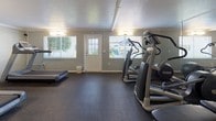 This single-level fitness center offers a practical and well-organized workout environment designed to accommodate a variety of exercise routines. The space is finished with durable dark rubber flooring throughout, providing a resilient surface suitable for both cardio and strength training activities.

The cardio zone features two treadmills positioned along one wall, accompanied by a wall-mounted flat-screen television for entertainment during workouts. Adjacent to this area, multiple elliptical cross-trainers are arranged to maximize use of the available floor space. A full-length mirror wall runs along one side of the room, visually expanding the space and allowing users to monitor their form.

The strength training section includes cable resistance machines, a weight bench, and additional multi-use equipment, offering options for a comprehensive full-body workout. Motivational wall art and posted fitness guidelines contribute to an encouraging atmosphere.

Natural light enters through several windows fitted with horizontal blinds, and wall-mounted light fixtures supplement illumination throughout. A dedicated entry door provides direct access to an outdoor area. The textured ceiling with crown molding detailing and soft grey walls give the space a clean, neutral aesthetic suited to focused physical training.