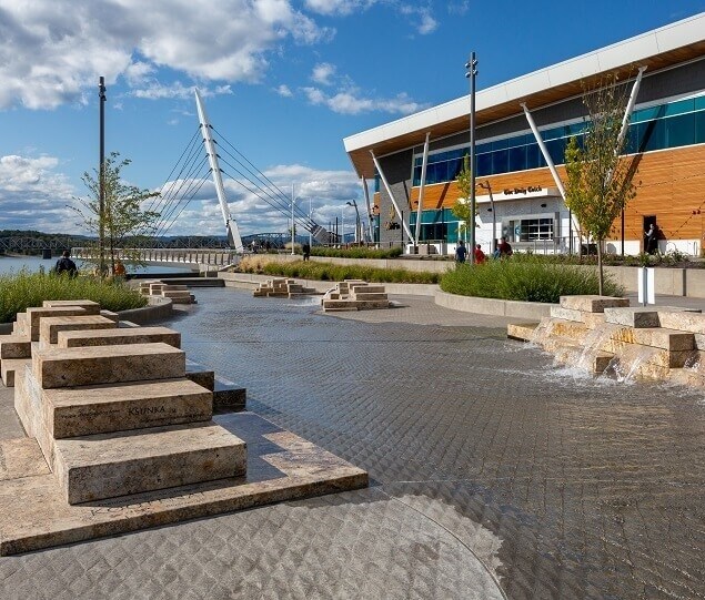The Waterfront’s fountain feature is the perfect spot to cool off in the summer