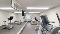 This dedicated fitness facility is a single-room exercise space designed to maximize functionality within a compact footprint. The room features durable speckled rubber flooring throughout, providing a safe and resilient surface suited for active use. Bright fluorescent lighting illuminates the space evenly, ensuring excellent visibility during workouts at any time of day.

A large full-wall mirror runs along one side of the room, visually expanding the space and allowing users to monitor their form. A wall-mounted flat-screen TV is positioned prominently above the mirror, offering entertainment during exercise sessions. A wall-mounted HVAC unit provides climate control for year-round comfort.

The room is outfitted with a well-rounded selection of cardio equipment, including a treadmill, elliptical trainer, stationary bike, rowing machine, and a stair climber. A window along one wall allows natural light to filter in, offering a view of the surrounding greenery. A set of glass-panel doors provides direct access to an outdoor area, enhancing ventilation and connection to the exterior.

Practical amenities include a small bench and shoe rack near the entrance, a sanitation station with wipes and supplies for equipment cleaning, wall-mounted shelving for personal items, and a security camera for added safety. Posted guidelines and framed informational documents keep the space organized and user-friendly.