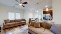 This single-story residence offers a thoughtfully designed open-concept layout that seamlessly connects the living, dining, and kitchen areas. The living room features warm hardwood-style flooring, a ceiling fan, and abundant natural light streaming through multiple windows with blinds. Two comfortable sofas anchor the space, which flows naturally into a dedicated dining area complete with a wooden table and upholstered seating beneath pendant lighting.

The kitchen is well-equipped with rich dark wood cabinetry, granite countertops, a tile backsplash, stainless steel appliances including a refrigerator with ice maker, microwave, oven, and dishwasher. A peninsula counter connects the kitchen to the living space, enhancing the open feel.

The bedroom is carpeted and includes a ceiling fan, generous wall space, and direct access to a spacious walk-in closet fitted with wire shelving and hanging rods on both sides. The full bathroom features matching dark wood cabinetry, a granite vanity, a tub-shower combination, and wood-style flooring. A dedicated laundry area accommodates a top-load washer. An entryway with wood-style flooring provides a welcoming transition into the home.