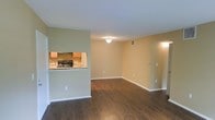 This single-floor space showcases an open-concept layout designed to maximize functionality and flow. The living area is finished with rich, dark hardwood-style flooring that extends throughout, providing a warm contrast against the neutral sage and tan-toned walls. White baseboards frame the space cleanly, contributing to a well-maintained appearance.

A defining architectural feature is the pass-through kitchen window, which opens from the kitchen into the living area, creating visual connectivity between the two spaces. The kitchen is equipped with a black range, a sink positioned beneath the pass-through counter, and wooden cabinetry with a tile backsplash. The countertop along the pass-through offers a casual dining or prep surface.

The living area is generously proportioned, with flush-mounted ceiling lighting providing consistent illumination. A hallway visible at the far end of the space leads to additional rooms, suggesting a practical and straightforward floor plan. A thermostat is mounted on the wall, and ventilation is provided via ceiling registers. Overall, the space presents a clean, move-in ready environment with a simple, functional aesthetic.