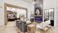 This thoughtfully designed single-floor amenity space offers a generous, open layout that seamlessly connects multiple functional areas under soaring ceilings. The main lounge serves as the centerpiece, anchored by a dramatic floor-to-ceiling stone fireplace with a built-in linear electric insert and a brass-accented mantle. A striking equestrian art piece crowns the fireplace wall, reinforcing the space's refined yet approachable aesthetic. An elegant orb chandelier hangs overhead, casting warm light across light wood-look tile flooring that runs throughout. Natural wood beam accents and a large wooden archway connect the lounge to a dedicated game and activity room, which features a foosball table, bistro seating, exposed wood ceiling beams, and direct access to an outdoor area. A well-appointed kitchenette showcases reclaimed wood plank walls, dark navy cabinetry with white countertops, open shelving, and commercial-grade beverage and coffee equipment. The entry area is bright and welcoming, with white walls, decorative round mirrors, and glass door access. Black-framed open shelving units add an industrial touch, while abundant natural light from large windows and glass doors enhances the overall airy, inviting ambiance throughout.