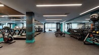 This expansive fitness center is designed with both functionality and aesthetics in mind, offering a comprehensive workout environment across a single open floor. The space features a contemporary design highlighted by bold teal accent walls, decorative mosaic-tiled structural columns, and a neutral gray rubber flooring that provides durability and comfort underfoot. Recessed linear LED lighting runs across the ceiling, ensuring the entire space is evenly and brightly illuminated.

The cardio zone is well-appointed with a row of treadmills, elliptical machines, stationary bikes, and a rowing machine, all positioned near large floor-to-ceiling windows that offer views to the outdoors and fill the area with natural light. The strength training section is equally comprehensive, featuring a multi-station cable machine, a full dumbbell rack ranging across various weights, kettlebells, medicine balls, and adjustable benches.

A dedicated functional training area along one wall is equipped with resistance bands, stability balls, and additional free weights, complemented by a wall-mounted display screen. Large mirrors line portions of the walls, visually expanding the space and supporting proper form during workouts. The overall ambiance is energetic yet polished, making this fitness center a well-rounded facility suited for a wide variety of training needs.