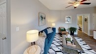 Located at 811 Mallet Hill Rd in Columbia, South Carolina, this single-floor residence offers a comfortable and functional layout across several well-defined living spaces. The living room features vaulted ceilings, neutral gray walls, and ceiling fan, creating an open and airy atmosphere with room for stylish furnishings. Wood-look flooring extends through the main living and dining areas, lending warmth and cohesion throughout.

The galley-style kitchen is outfitted with white cabinetry, granite-tone countertops, and stainless steel appliances including a refrigerator, electric range, microwave, and dishwasher. An in-unit laundry area is conveniently accessible just off the kitchen. The adjacent dining area benefits from a large window that fills the space with natural light.

Multiple bedrooms are carpeted and each includes a ceiling fan, ample closet space, and windows dressed with sheer curtains and blinds. The bedrooms provide a quiet, restful environment with neutral tones throughout.

The bathroom features a white vanity with granite-tone countertop, a framed mirror with well-lit fixture above, and a tub-shower combination with tiled surround. Wood-look flooring in the bathroom complements the rest of the home's design. Overall, the residence delivers a clean, cohesive aesthetic suited for comfortable everyday living.