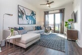Located on Peachtree Street NE in Atlanta's vibrant Midtown neighborhood, this single-floor residence combines modern design with functional living. The open-concept layout connects the living and kitchen areas seamlessly, anchored by rich hardwood-style flooring that flows throughout the main spaces.

The kitchen is a standout feature, showcasing high-gloss white cabinetry extending to the ceiling, a bold black subway tile backsplash, quartz countertops, and a full suite of stainless steel appliances. A generously sized island with quartz surfaces provides additional seating and workspace.

The living area is bright and welcoming, benefiting from large glass doors that open to a private balcony offering sweeping views of the Atlanta skyline. A ceiling fan adds comfort, while the open layout provides ample room for relaxed living and entertaining.

The bedroom is a comfortable retreat, featuring a ceiling fan, large windows framing city views, and plush carpeting. The bathroom includes a full tub-shower combination with white tile surround and hardwood-style flooring. A dedicated laundry area with a full-size washer and dryer, wire shelving, and convenient storage completes this well-appointed residence.