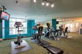 This single-floor fitness center is thoughtfully designed to accommodate a comprehensive range of workout activities. The space is divided into distinct functional zones, each tailored to specific exercise disciplines. A cardio area houses a row of treadmills positioned along a full-length mirrored wall, which visually expands the room while allowing users to monitor their form. Patterned teal and beige carpeting delineates the different zones, adding a dynamic visual element to the layout.

The strength training section is generously equipped with multiple cable and resistance machines arranged to promote efficient circulation throughout the space. Teal accent walls provide bold color contrast against the neutral cream tones, creating an energizing atmosphere. Track lighting and ceiling fans maintain comfort and visibility throughout.

A glass-paneled entryway allows natural light to filter into the space, while large windows in the cardio zone offer outdoor views of surrounding greenery. A striking black spiral staircase near the entrance serves as an architectural focal point. Wall-mounted monitors and illuminated signage referencing "Tone" and "Sweat" reinforce the fitness-forward identity of the space.