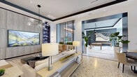 This elegantly designed single-floor amenity space offers a seamless blend of modern architecture and refined interior design across a generously proportioned open layout. The entrance lobby immediately sets the tone with large-format white tile flooring, a sculptural wave-textured accent wall, and a polished marble reception desk. Curated artwork lines the walls throughout, adding artistic character to every corner.

The living area is anchored by a built-in entertainment wall featuring integrated shelving with accent lighting, a large flat-screen display, and warm wood panel finishes. Plush neutral sofas, a marble-topped coffee table, and a globe pendant chandelier create an inviting and sophisticated lounge atmosphere. A bold abstract canvas in blue and white tones serves as a striking focal point.

Floor-to-ceiling windows and sheer drapery flood the space with natural light while framing lush outdoor views of mature palms and manicured landscaping. The dining area features a sleek round marble-top table positioned directly beside the expansive glazed façade, offering an airy, sunlit setting.

The game room stands out with a full-size billiards table positioned beneath dramatic oversized pendant lights, complemented by a slate-blue accent wall and contemporary wall art. Polished concrete-look flooring and a casual seating arrangement complete this dynamic social zone. Throughout, the space maintains a cohesive palette of warm neutrals, stone textures, and modern finishes.