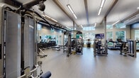 This fitness center is thoughtfully designed to accommodate a wide range of workout needs within a bright, open single-floor layout. The space features soaring ceilings accented by exposed wood beams and linear pendant lighting, creating an airy, modern atmosphere. Large floor-to-ceiling windows along multiple walls flood the interior with natural light while offering views of lush outdoor greenery, including palm trees that reinforce a resort-like ambiance.

The main workout floor is well-organized with a comprehensive selection of strength equipment, including cable machines, multi-function weight stations, a full dumbbell rack, and various resistance machines. Cardio equipment, including treadmills and stationary bikes, is positioned to take advantage of the natural views. Full-length mirrors line one wall, enhancing the sense of space and providing visual feedback during exercise.

A glass-enclosed studio room offers a dedicated area for yoga, stretching, or group activities, featuring colorful floor cushions and a mounted display screen. Adjacent to the studio is a hydration station and a wall-mounted clock. The facility features durable light-toned flooring throughout, wall-mounted televisions near workout stations, and a decorative entryway with a chandelier, completing the upscale, well-appointed character of the space.
