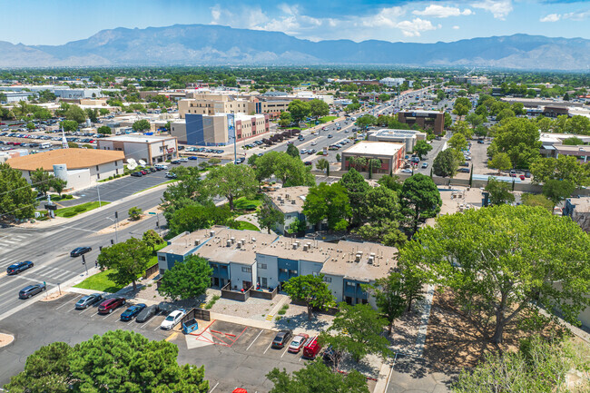 Sun Plaza aerial looking east toward Sandia Mountains - Sun Plaza