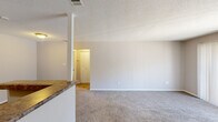This single-story, one-bedroom, two-bathroom residence at 2415 Brierwood Dr in Albany, Georgia, offers a well-organized layout designed for comfortable everyday living. The living room is a bright, open space featuring neutral-toned carpet, textured ceilings, and a large sliding glass door with vertical blinds that allow ample natural light and provide access to an outdoor area. A structural column visually separates the living space from the kitchen, adding architectural definition. The kitchen is efficiently designed with white cabinetry, wood-look vinyl flooring, black appliances including a refrigerator and electric range, and a granite-look countertop that extends to a peninsula-style breakfast bar. The bedroom offers a comfortable, carpeted retreat with a natural light source from a window and direct access to the hallway. Two closets provide generous storage throughout the unit. The two bathrooms include one with a full tub-shower combo featuring built-in shelving and clean white finishes, and another with a dark wood vanity, white countertop, and a large mirror. A connecting hallway with additional closet access ensures a smooth and functional flow between all areas of the home.