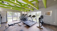 This single-floor fitness center makes an immediate visual impression with its striking lime-green painted roof trusses that span the full length of the vaulted ceiling, creating a bold and energizing atmosphere. The soaring ceiling height adds a sense of openness and volume to the workout space, while pendant lighting complements the abundant natural light streaming in through large floor-to-ceiling windows and glass doors that line the perimeter walls. These expansive windows offer pleasant views of the surrounding greenery, enhancing the workout experience with a connection to the outdoors.

The cardio zone is well-equipped with multiple treadmills, elliptical cross-trainers, and a stationary recumbent bike, all arranged to take advantage of the natural light and outdoor views. A dedicated strength and functional training area houses a rack of dumbbells, stability balls of varying sizes, a wall-mounted exercise mat, a cable machine, and a selection of medicine balls, providing a comprehensive range of workout options. Durable carpet-tile flooring covers the workout area, offering both comfort and traction.

An interior glass partition wall connects the fitness center to an adjacent lounge or common area, visible through the glazing. The overall design is modern, clean, and motivating, making this fitness center a well-appointed space for a full-body workout routine.
