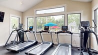 Located at 7999 Wildflower Ln in Columbus, Ohio, this fitness center offers a thoughtfully designed workout environment packed with modern amenities. The space features soaring vaulted ceilings that create an open, airy atmosphere, complemented by an abundance of natural light streaming through oversized windows. The windows frame views of an outdoor pool and lush greenery, providing an energizing backdrop for workouts.

The cardio zone is anchored by a row of treadmills and an elliptical trainer, all positioned to face the large windows — keeping exercisers engaged with the outdoor scenery. A wall-mounted flat-screen television adds an additional entertainment option. The strength training area is equally well-appointed, featuring a multi-function cable machine, a full dumbbell rack with a wide range of weights, an adjustable workout bench, and an additional cardio machine. Large mirrors along one wall help maximize the sense of space and support proper form during exercises.

The flooring throughout is durable, dark carpeting suited for fitness use. French glass doors connect to an adjacent room visible through an interior window, and a direct exterior door provides convenient access to the outdoor amenity areas. The warm, neutral-toned walls and recessed lighting complete the clean, welcoming aesthetic of this community fitness facility.