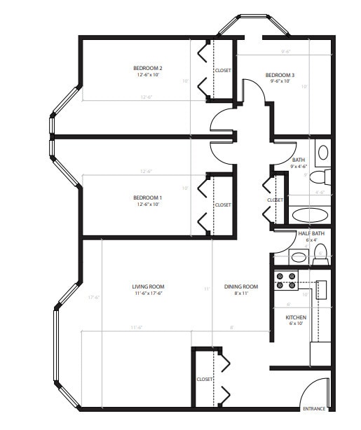 3 Bd 1.5 Bath Flats - 1035 SF - Abbey